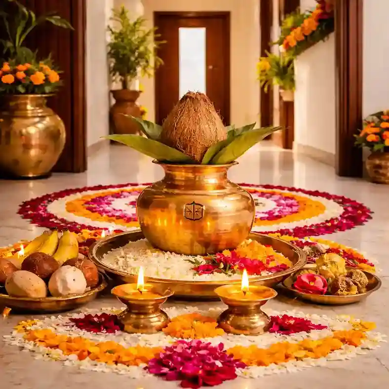 Griha Pravesh Puja setup with kalash, havan, and pandit performing house warming rituals