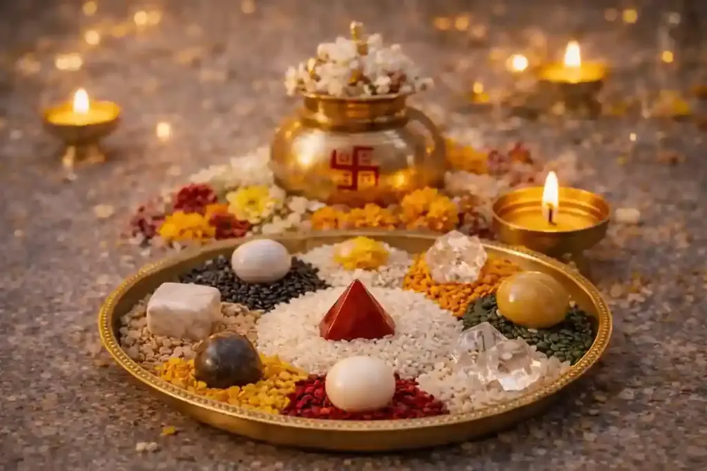 Navagraha Puja with nine planet setup and pandit performing havan
