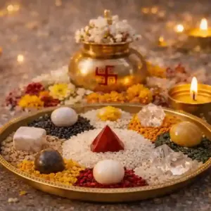 Navagraha Puja with nine planet setup and pandit performing havan