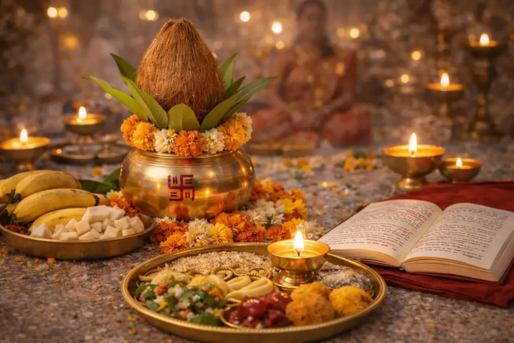 Satyanarayan Puja with Lord Vishnu idol and pandit performing katha and rituals