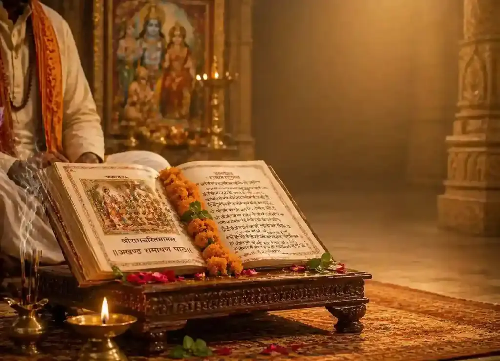 Akhand Ramayan Paath in progress with open Ramcharitmanas on wooden chowki, diya and flowers in a serene temple setting