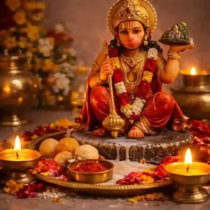Hanuman Puja with Lord Hanuman idol and pandit performing rituals with diya