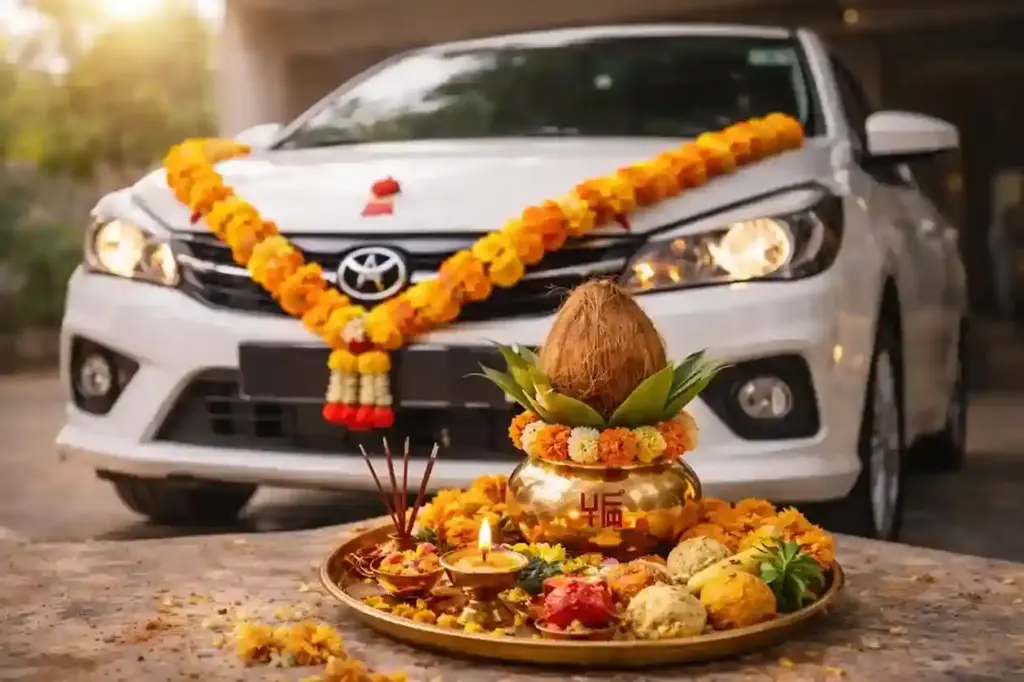 Vishwakarma Puja being performed on tools and machinery with pandit rituals