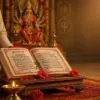 Chandi Paath ritual with Durga Saptashati scripture, diya, red flowers and Maa Durga murti in temple background