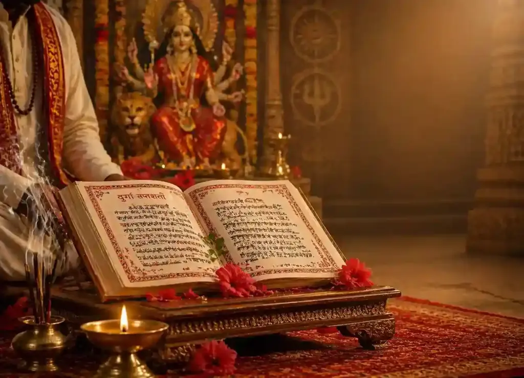 Chandi Paath ritual with Durga Saptashati scripture, diya, red flowers and Maa Durga murti in temple background