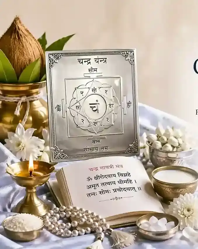 Chandra Graha Shanti Jaap setup with Chandra yantra and white ritual items