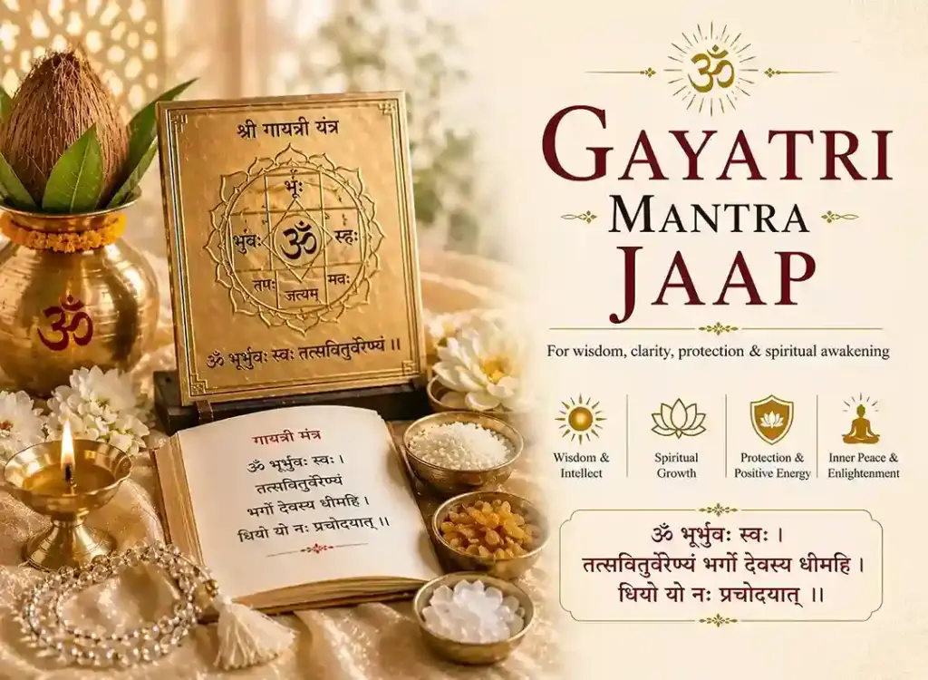 Gayatri Mantra Jaap setup with Gayatri yantra and sacred items