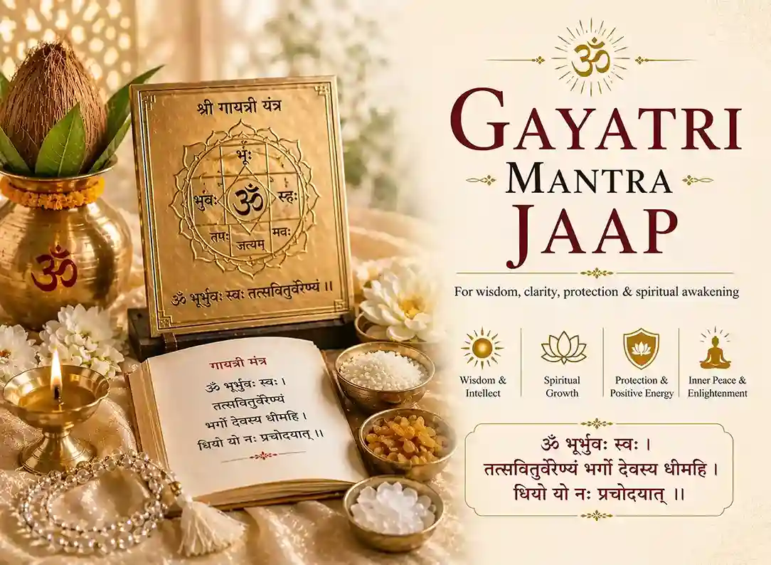 Gayatri Mantra Jaap setup with Gayatri yantra and sacred items
