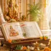 Hanuman Chalisa Paath with open scripture on wooden chowki, diya, incense and Lord Hanuman idol in bright temple setting
