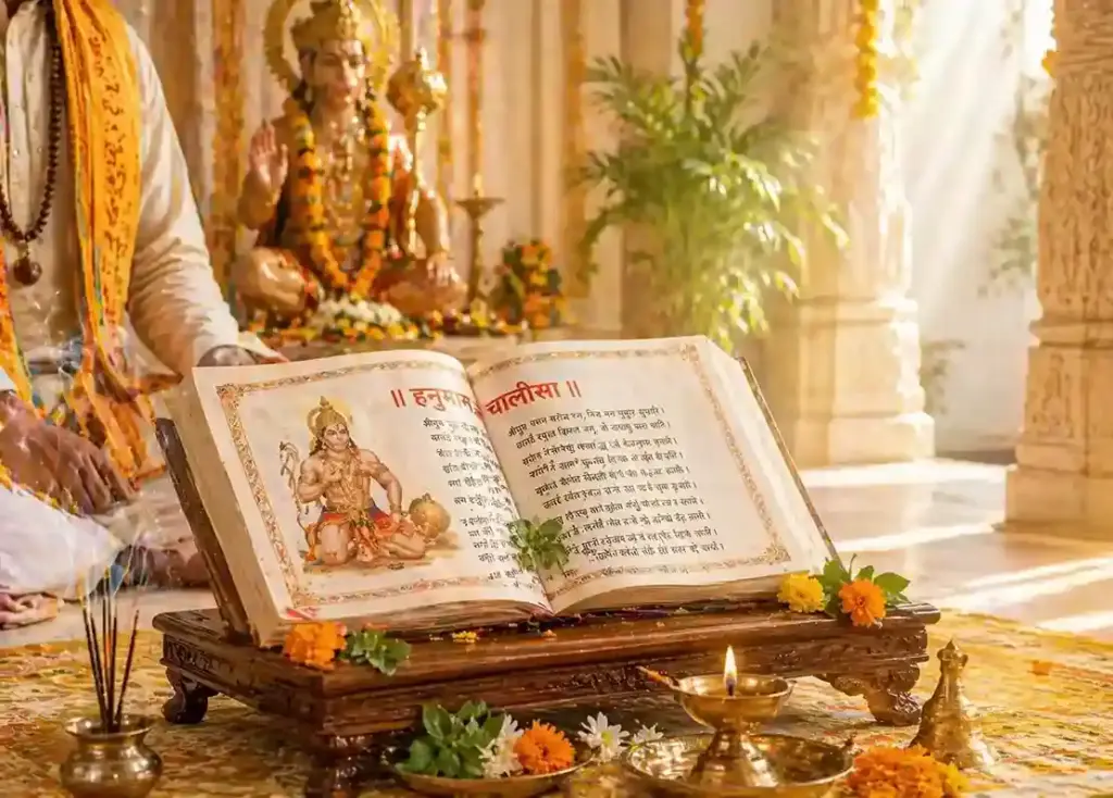 Hanuman Chalisa Paath with open scripture on wooden chowki, diya, incense and Lord Hanuman idol in bright temple setting