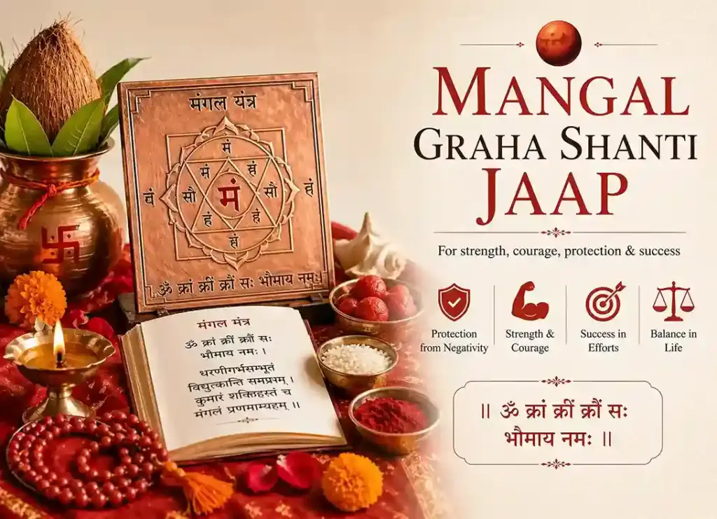 Mangal Graha Shanti Jaap setup with Mangal yantra and red ritual items