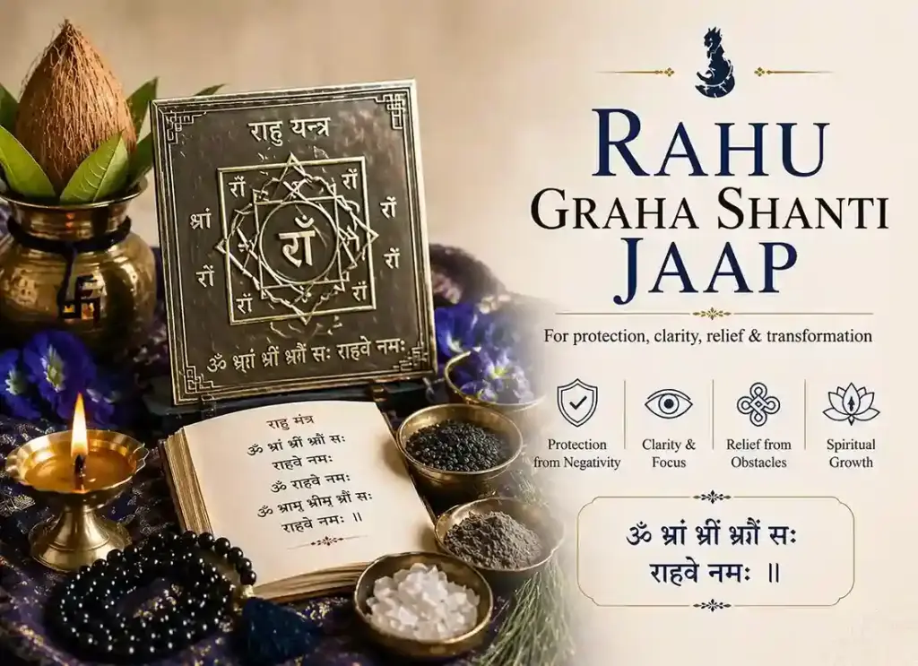 Rahu Graha Shanti Jaap setup with Rahu yantra and dark ritual elements