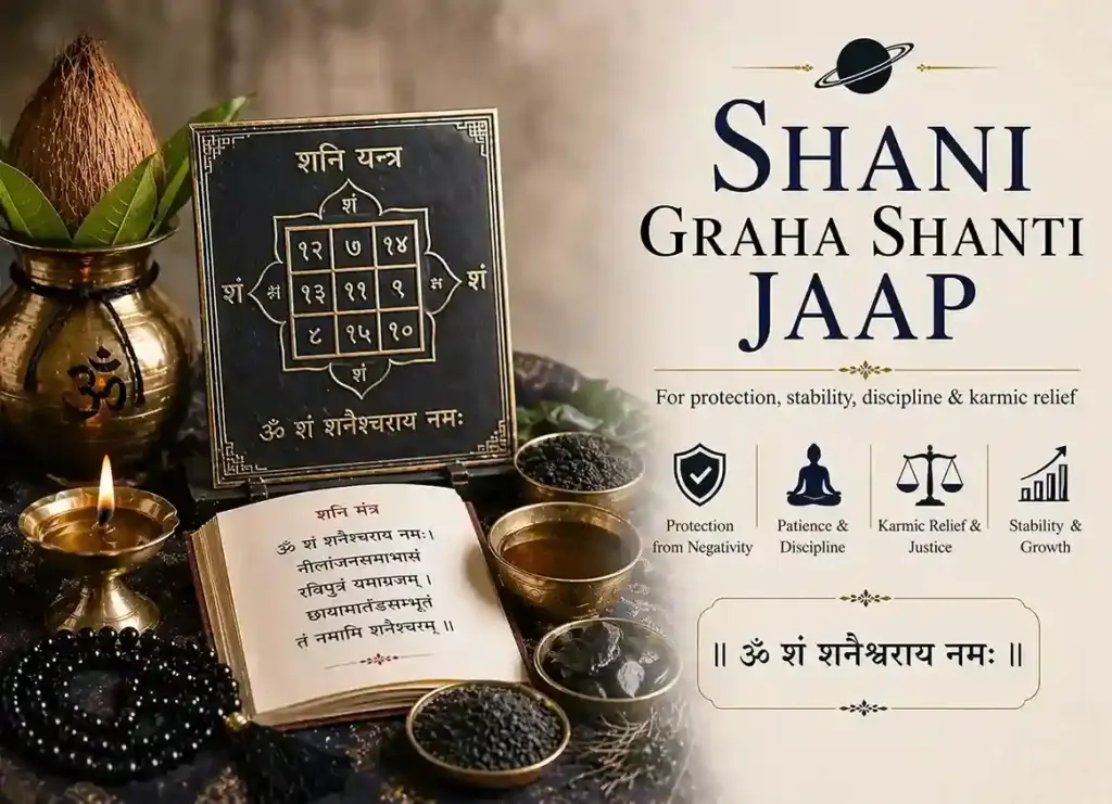 Shani Graha Shanti Jaap setup with Shani yantra and black sesame offerings