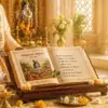 Shrimad Bhagwat Mool Paath with sacred scripture on chowki, diya, flowers and Lord Krishna idol in peaceful temple environment