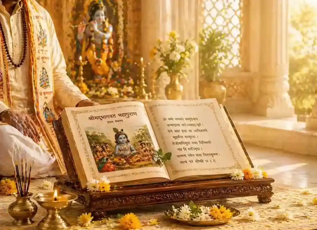 Shrimad Bhagwat Mool Paath with sacred scripture on chowki, diya, flowers and Lord Krishna idol in peaceful temple environment