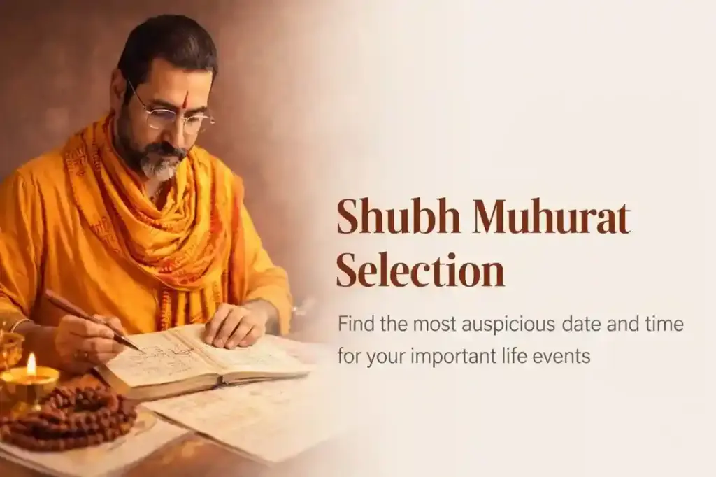 Pandit selecting Shubh Muhurat using kundli and calendar for auspicious timing