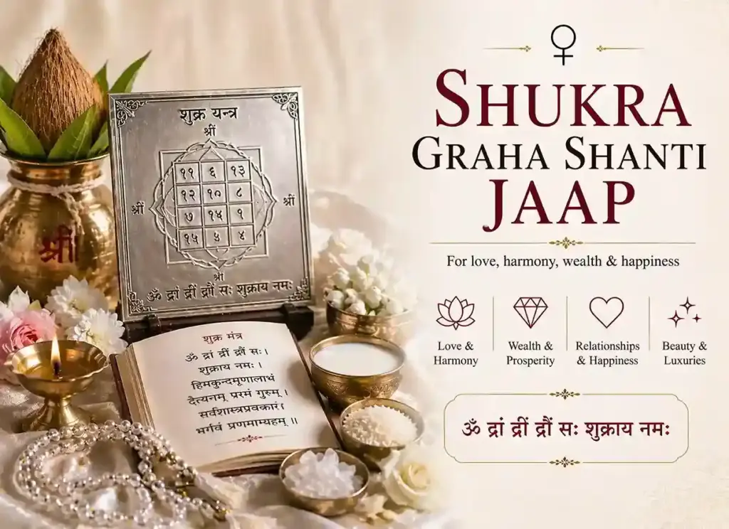 Shukra Graha Shanti Jaap setup with Shukra yantra and white offerings