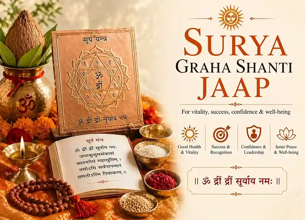 Surya Graha Shanti Jaap setup with Surya yantra and orange offerings