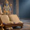 Vishnu Sahasranam Paath with sacred scripture on chowki, diya, flowers and Lord Vishnu idol in calm temple setting