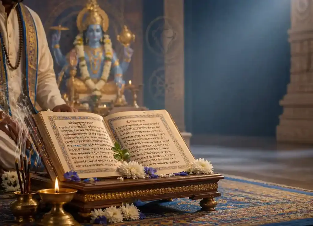 Vishnu Sahasranam Paath with sacred scripture on chowki, diya, flowers and Lord Vishnu idol in calm temple setting