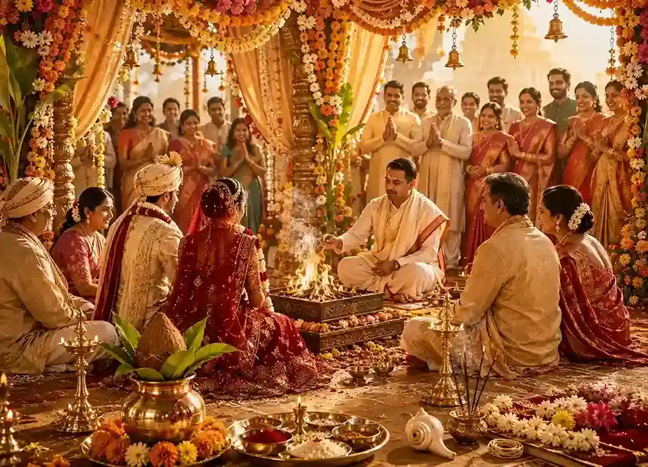 Hindu wedding ceremony Vivah Puja with sacred fire and rituals