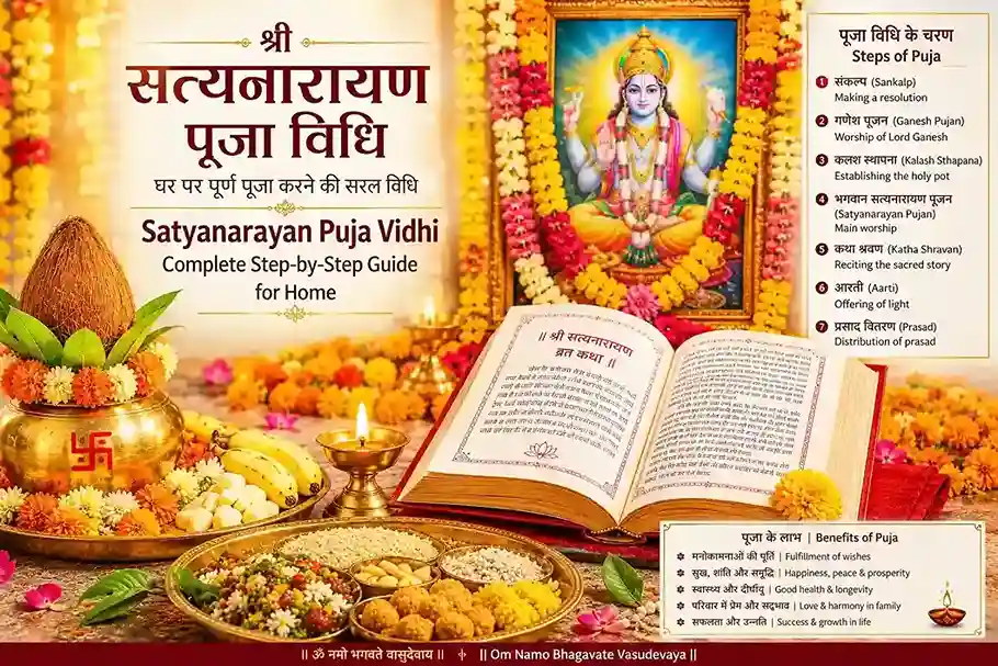 Traditional Satyanarayan Puja setup at home with Lord Vishnu image, kalash, fruits, flowers, diya and sacred offerings arranged for worship.