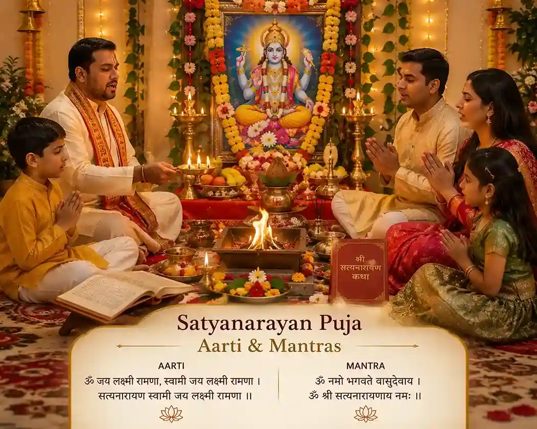 Family and priest performing Satyanarayan Puja aarti near havan kund with Lord Vishnu image, chanting sacred mantras in devotion.