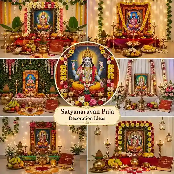 Creative Satyanarayan Puja decoration setups with floral backdrops, diyas, garlands, and beautifully decorated Lord Vishnu altar.