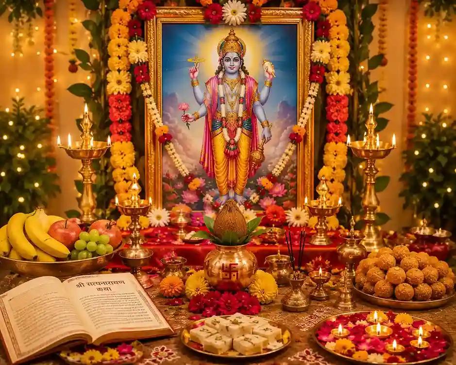 Elegant Satyanarayan Puja setup with Lord Vishnu image, floral decorations, diyas, sweets, and offerings suitable for invitation card design.