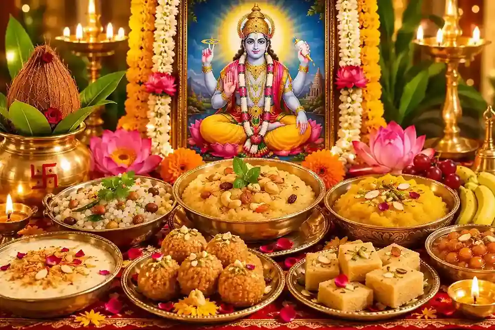 Delicious Satyanarayan Puja prasad spread featuring sheera, ladoo, kheer, fruits, and traditional offerings placed before Lord Vishnu.