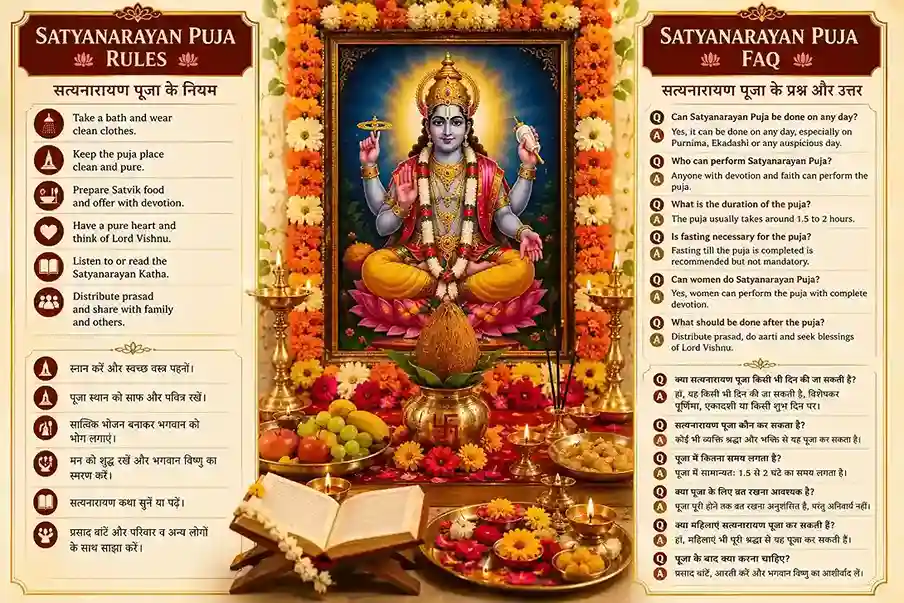 Lord Vishnu altar decorated with flowers, lamps, kalash, and puja offerings representing important Satyanarayan Puja rules and common questions.