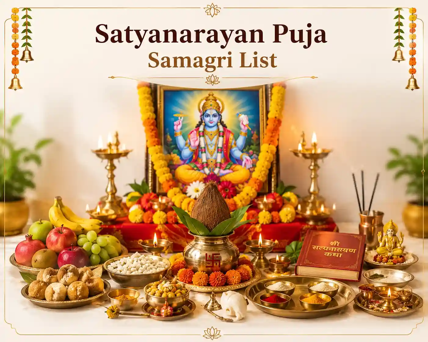 Satyanarayan Puja samagri arranged neatly before Lord Vishnu photo including kalash, fruits, sweets, flowers, incense, and puja essentials.