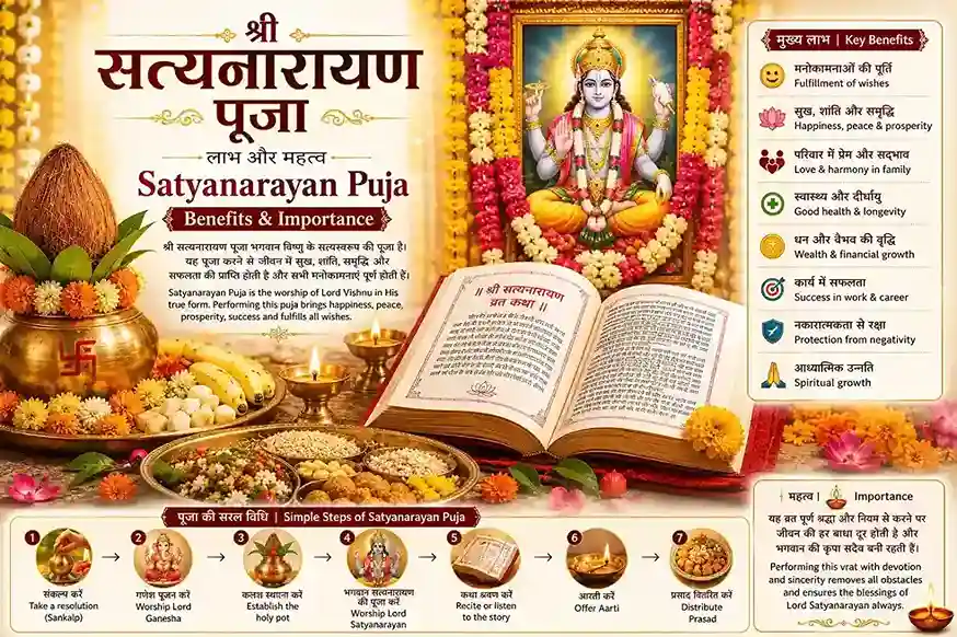 Beautiful Satyanarayan Puja altar featuring Lord Vishnu surrounded by flowers, lamps, fruits, and devotional offerings symbolizing prosperity and blessings.