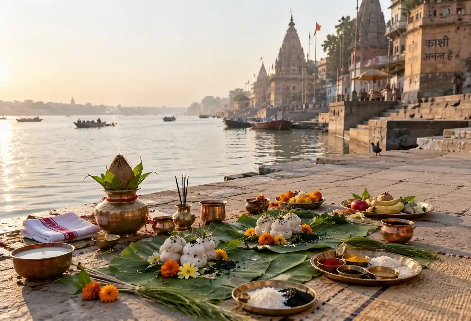 Pandit performing Tripindi Shraddha with three Pindas at Pisach Mochan kund, Varanasi